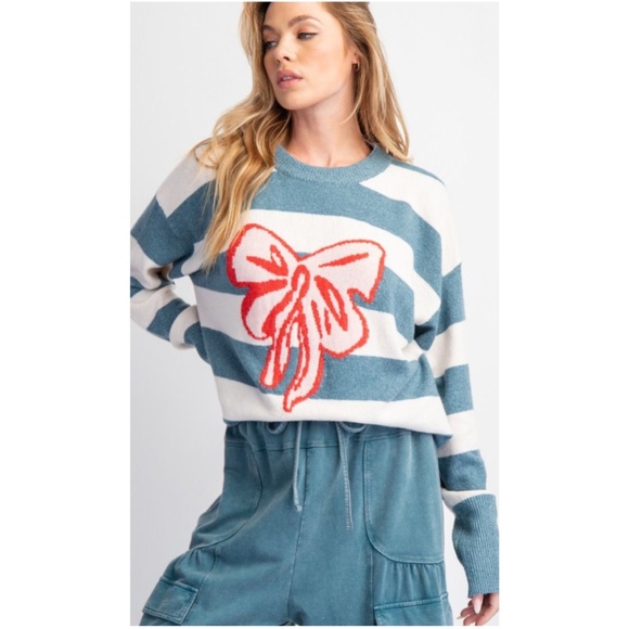 Easel Color Block Bow Loose Knit Sweater Top - Picture 2 of 5